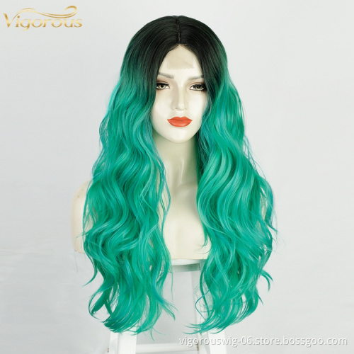 Vigorous Cheap Vendor Ombre Swiss Lace Synthetic Hair Wholesale Cosplay Long Curly Body Wave Green Black Women Lace Front Wigs